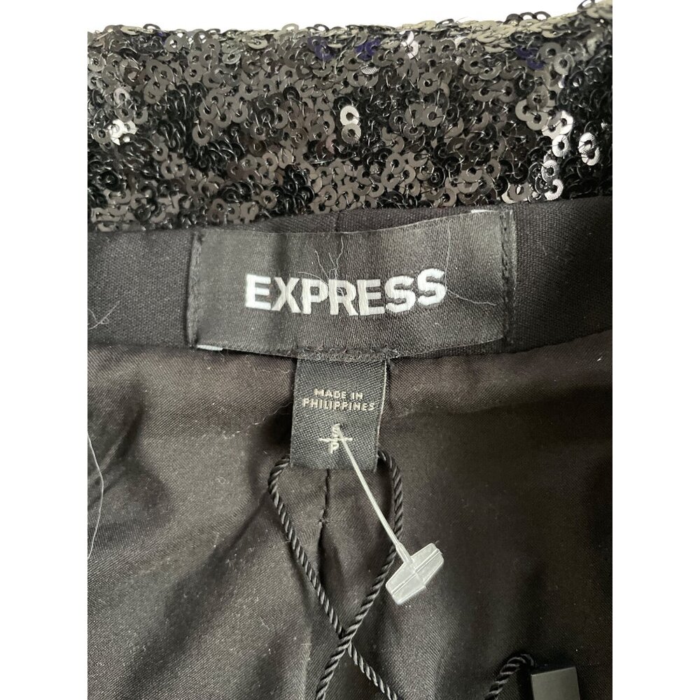 Express Sequin Blazer Women's Small Longline Black Open Front Lined Glam Club - Picture 4 of 8